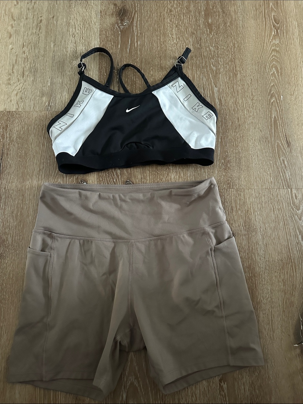 Bundle Nike Black & White Sports Bra with Taupe Active Shorts